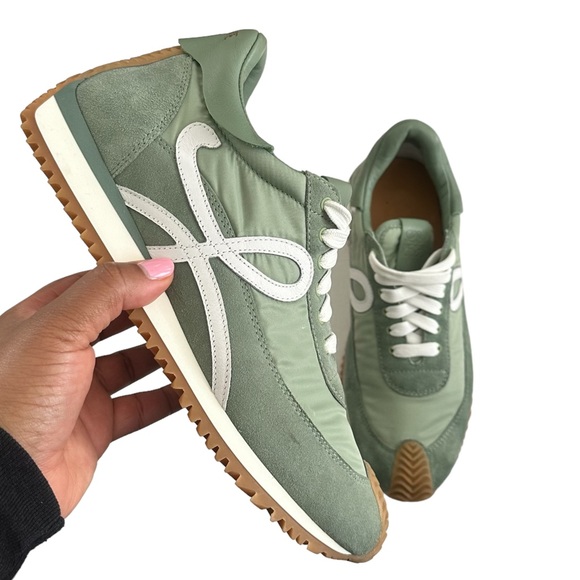 Loewe Women's Flow Logo Leather Trim Suede Sneaker - Pistachio Green 40 EU 10 US - Picture 9 of 15